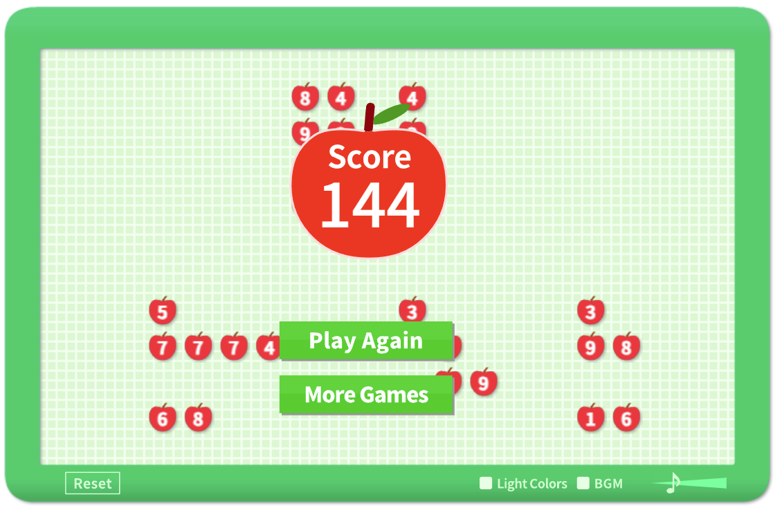 Fruit Box game score showing a personal best of 144